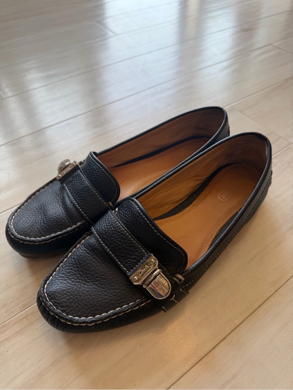Women's Coach Black Leather Loafers with Metal Accent - Picture 2 of 5